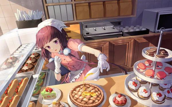 HD desktop wallpaper featuring Maika Sakuranomiya from Anime Blend S, dressed as a chef in a kitchen with assorted pastries.