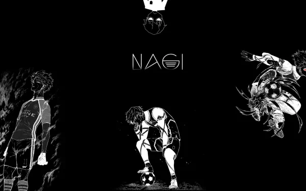 HD anime wallpaper featuring Seishiro Nagi from Blue Lock in dynamic black and white illustrations with bold text NAGI centered on a black background.