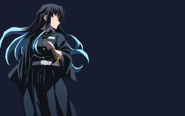 HD desktop wallpaper featuring Muichiro Tokito from the anime Demon Slayer: Kimetsu no Yaiba, with a dark background and his hair flowing to the side.