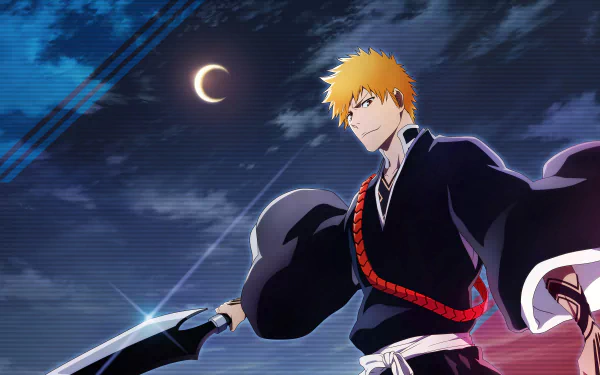 4K Ultra HD anime wallpaper featuring Ichigo Kurosaki from Bleach: Thousand-Year Blood War, standing under a crescent moon with his sword in hand against a dark sky.