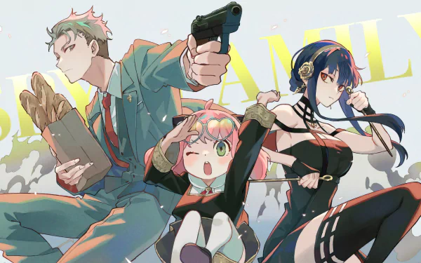 4K Ultra HD anime wallpaper featuring Spy x Family characters: a man with a gun and groceries, a cheerful child, and a woman in black tactical attire.