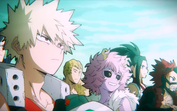 8K Ultra HD My Hero Academia anime wallpaper featuring key characters in dynamic poses, designed as a vivid PC desktop background.