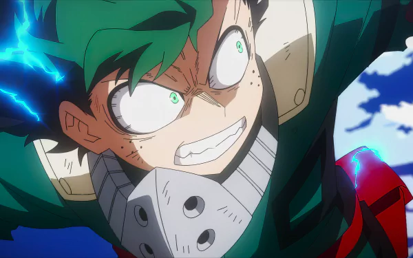 A dynamic 4K Ultra HD desktop wallpaper featuring Izuku Midoriya from the anime My Hero Academia, captured in an intense action moment with electric energy effects.