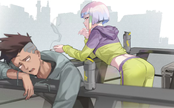 HD desktop wallpaper featuring Lucy and David from the anime Cyberpunk: Edgerunners. Lucy leans against a railing while David rests his head, set against a futuristic cityscape backdrop.