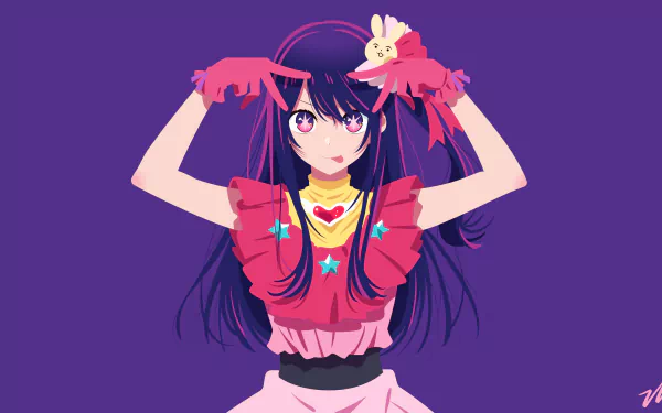 4K Ultra HD anime wallpaper of Ai Hoshino from Oshi no Ko, featuring her vibrant pink outfit and expressive pose against a simple background.