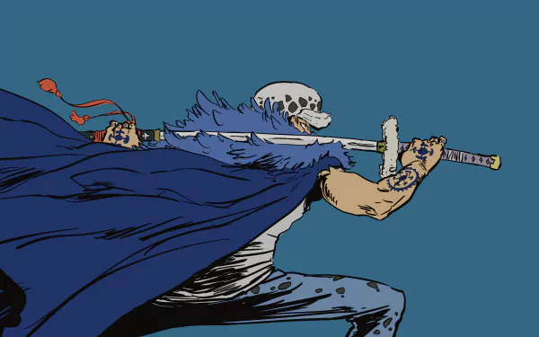 4K Ultra HD anime wallpaper featuring Trafalgar Law from One Piece in dynamic action pose wielding his sword against a blue background.