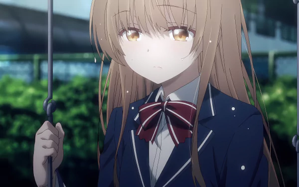 Mahiru Shiina from The Angel Next Door Spoils Me Rotten stands in the rain, holding an umbrella, in this detailed 8K Ultra HD anime desktop wallpaper.