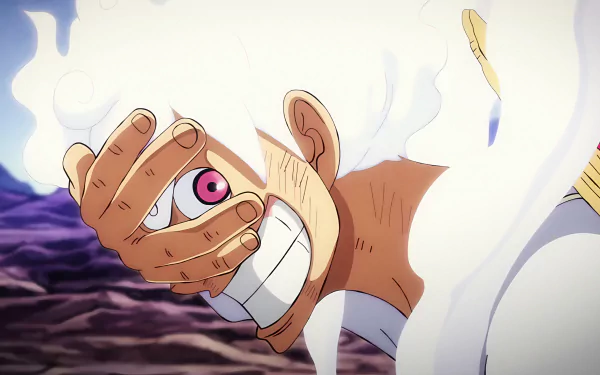 Monkey D. Luffy in Gear 5 form from One Piece, depicted in vibrant anime style with a confident grin, set against a dynamic 4K Ultra HD background.