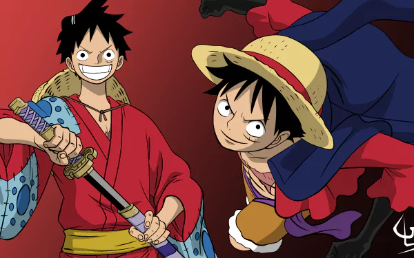 4K Ultra HD anime wallpaper featuring Monkey D. Luffy from One Piece, showcasing vibrant colors and dynamic poses on a red background.