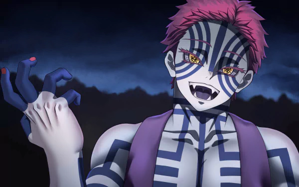4K Ultra HD PC desktop wallpaper featuring Akaza from the anime Demon Slayer: Kimetsu no Yaiba with detailed blue markings and glowing yellow eyes against a dark background.