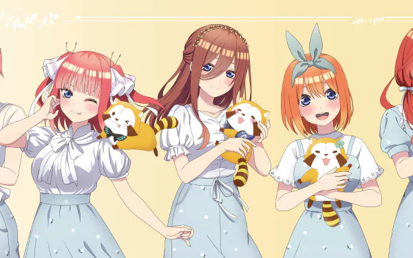 4K Ultra HD desktop wallpaper featuring Ichika, Nino, Yotsuba, Miku, and Itsuki Nakano from the anime The Quintessential Quintuplets, each holding small tiger plushies.
