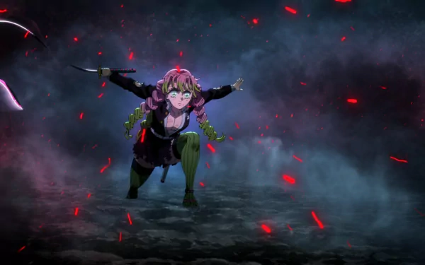 HD desktop wallpaper from the anime Demon Slayer: Kimetsu no Yaiba, featuring a dynamic character in a battle-ready pose with a dark, mysterious background and red glowing embers.