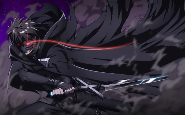 A dynamic HD wallpaper featuring Fate Graphite from Berserk of Gluttony, showcasing a dark, striking pose with a flowing cloak and glowing sword amid a dramatic background.