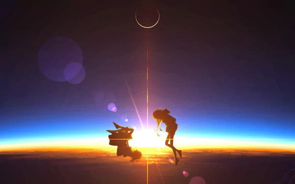 A 4K Ultra HD anime girl and a small creature share a moment against a glowing horizon, creating a captivating PC desktop wallpaper and background.