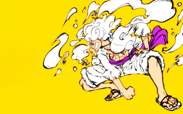 HD desktop wallpaper of Monkey D. Luffy from One Piece in Gear 5, with a vibrant yellow background.