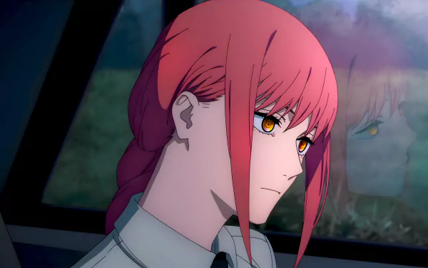 8K Ultra HD anime wallpaper featuring Makima from Chainsaw Man, showcasing her intense gaze and detailed character design in a dark, reflective setting.