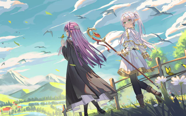 HD wallpaper featuring Frieren from Frieren: Beyond Journey's End standing in a scenic landscape with rolling hills and a vibrant sky.