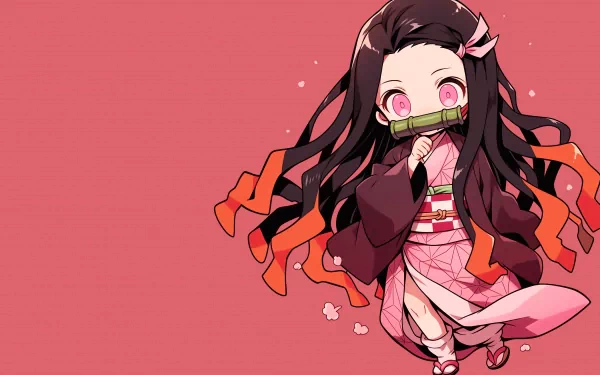 HD wallpaper of Nezuko Kamado from Demon Slayer: Kimetsu no Yaiba, with pink background for desktop.