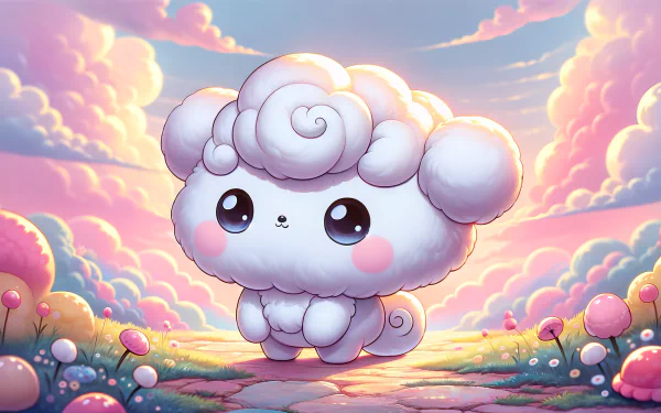 A cute Cinnamoroll character stands on a colorful path surrounded by whimsical clouds and flowers, making this HD anime wallpaper a delightful background for any space.