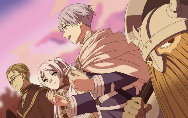 4K Ultra HD PC wallpaper featuring main characters from the anime Frieren: Beyond Journey's End against a vibrant pink sky background.