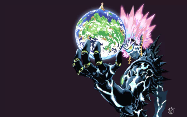 4K Ultra HD anime wallpaper featuring Lord Boros from One-Punch Man holding a glowing Earth with Saitama standing on top, set against a black background.