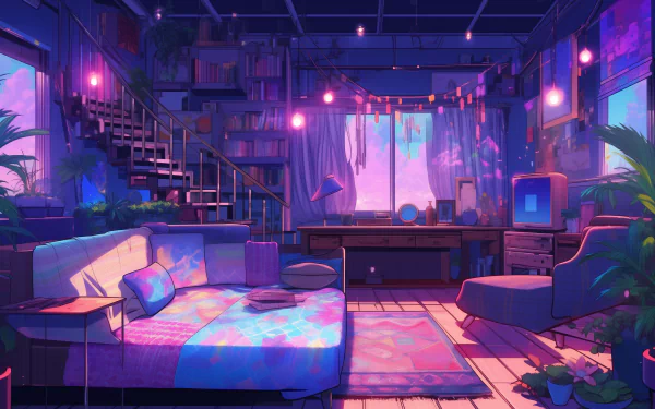 Anime style bedroom with vibrant colors, plants, and a cozy ambiance as an HD desktop wallpaper.