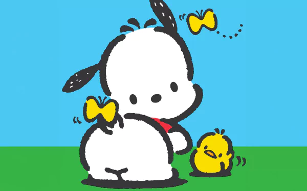 HD desktop wallpaper featuring the anime character Pochacco with a little yellow friend against a blue background.