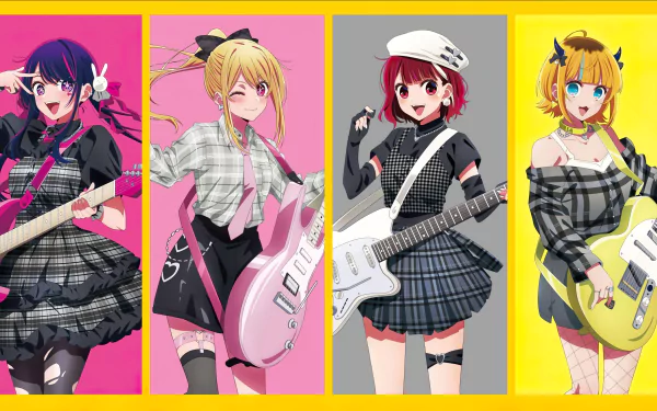 4K Ultra HD anime wallpaper featuring Ai Hoshino, Ruby Hoshino, and Kana Arima from Oshi no Ko, each holding electric guitars against vibrant pink and yellow backgrounds.