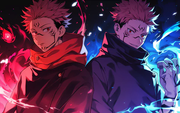 HD anime wallpaper featuring Sukuna from Jujutsu Kaisen, showcasing vibrant red and blue flames, highlighting his duality and powerful presence.