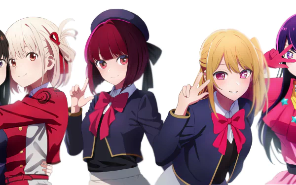 HD anime crossover desktop wallpaper featuring four vibrant characters in distinct school uniforms against a white background.