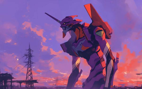 HD desktop wallpaper featuring Evangelion Unit-01 from Neon Genesis Evangelion anime with a vivid sunset background.