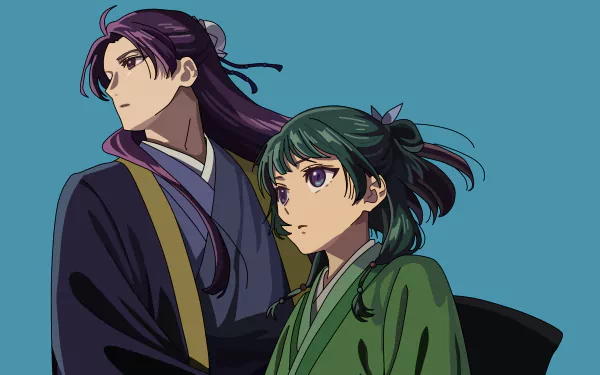 HD anime desktop wallpaper featuring Maomao and Jinshi from The Apothecary Diaries against a solid blue background.