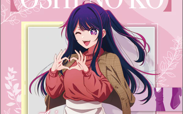 HD anime desktop wallpaper featuring Ai Hoshino from Oshi no Ko, smiling and making a heart shape with her hands against a pink background with floral accents.