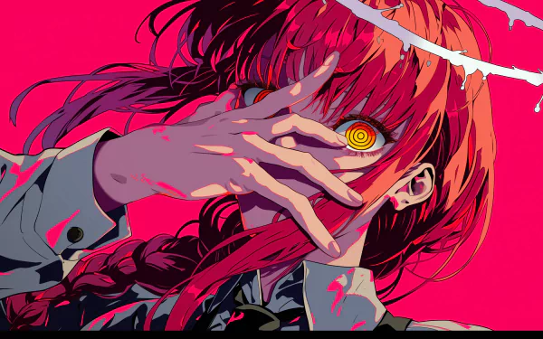 Anime character Makima from Chainsaw Man peering through a hand sign, vibrant pink background HD desktop wallpaper.