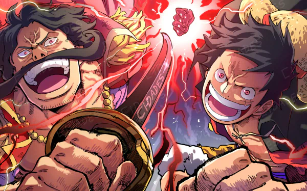 HD anime wallpaper featuring Gol D. Roger and Monkey D. Luffy from One Piece, both charging forward with intense expressions and dynamic energy effects.