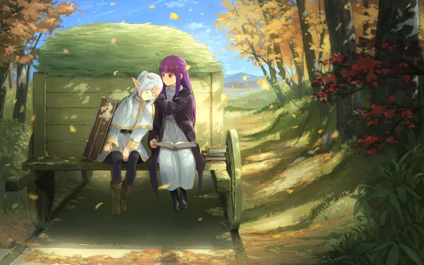 Anime-style 4K wallpaper featuring Frieren and Fern from Frieren: Beyond Journey's End sitting on a bench surrounded by autumn trees and warm sunlight.