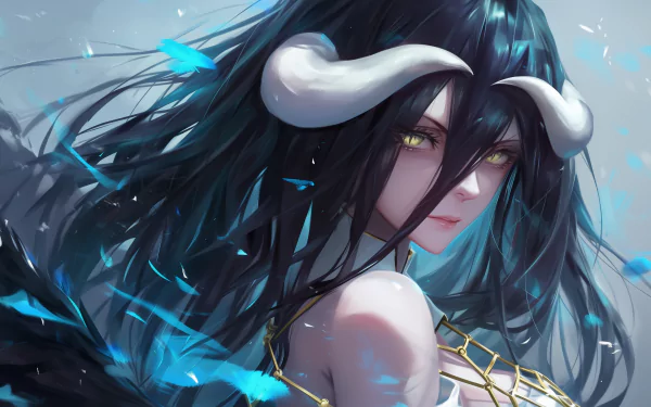 HD wallpaper featuring an artistic depiction of Albedo from the anime Overlord, with flowing dark hair, horns, and golden adornments, set against a soft blue background.