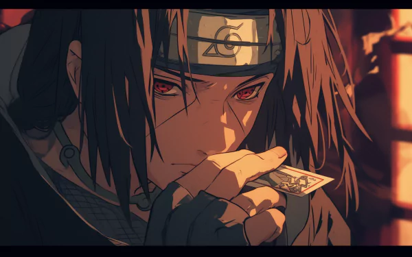 HD wallpaper featuring a close-up illustration of Itachi Uchiha from the anime Naruto, with his signature red Sharingan eyes and a ninja headband, holding a card close to his face.