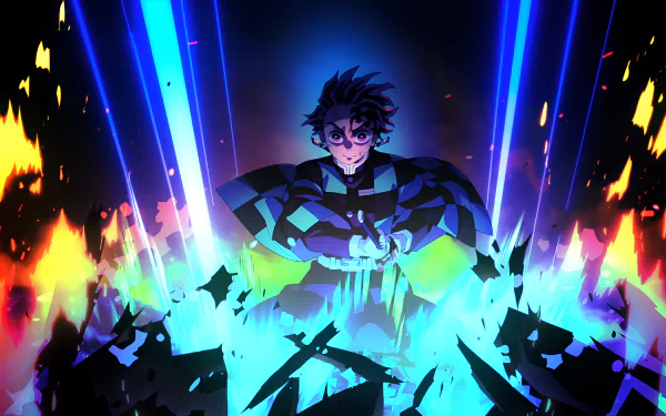 4K Ultra HD anime wallpaper featuring Tanjiro Kamado from Demon Slayer: Kimetsu no Yaiba, surrounded by vibrant flames and glowing blue energy on a dynamic PC desktop background.