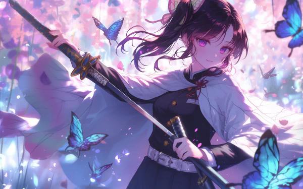 HD desktop wallpaper featuring Kanao Tsuyuri from the anime Demon Slayer: Kimetsu no Yaiba. She is surrounded by colorful butterflies with a cherry blossom background.