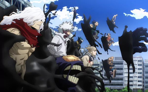 A vivid 4K Ultra HD desktop wallpaper featuring dynamic characters from the anime My Hero Academia in action amidst a cityscape under a bright blue sky.