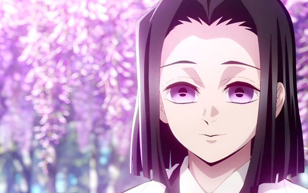 4K Ultra HD anime wallpaper featuring Kagaya Ubuyashiki from Demon Slayer: Kimetsu no Yaiba, set against a soft, glowing background of purple wisteria flowers.