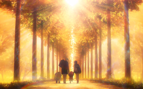 Anime-style 4K Ultra HD wallpaper from Spy x Family Code: White, featuring a sunlit tree-lined path with three characters and a dog walking together.