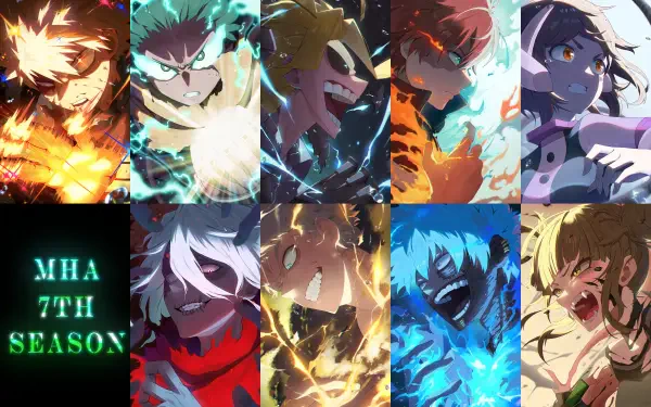 Vibrant 4K Ultra HD My Hero Academia wallpaper featuring intense action poses of key characters from the anime’s 7th season, capturing dynamic energy and vivid colors.