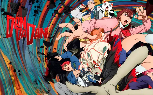 Vibrant 4K Ultra HD anime wallpaper featuring dynamic characters from Dandadan in action-packed poses with bold colors and intense energy for PC desktops.