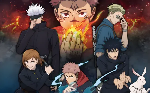 Anime Jujutsu Kaisen 4K Ultra HD PC desktop wallpaper and background: main cast posed amid flames and swirling cursed energy, dramatic lighting and intense expressions.