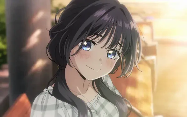 HD anime desktop wallpaper featuring Kaoruko Waguri from The Fragrant Flower Blooms With Dignity, showcasing her with dark hair and bright blue eyes in warm lighting.