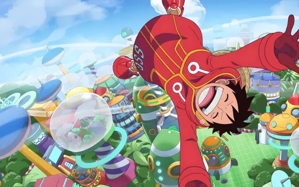 Anime-style 4K Ultra HD desktop wallpaper featuring Monkey D. Luffy from One Piece in a dynamic pose over a colorful futuristic cityscape.