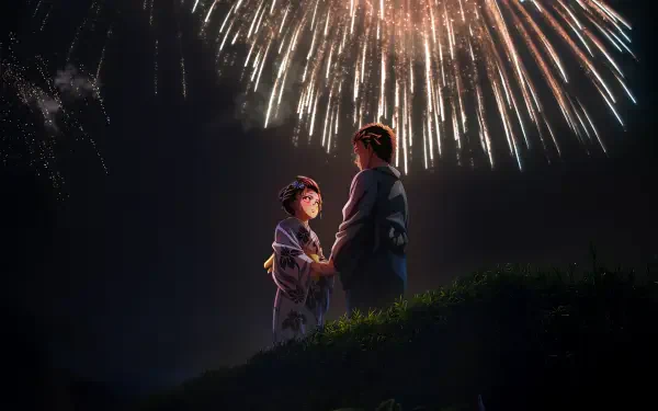4K Ultra HD PC wallpaper of Akaza and Koyuki from Demon Slayer: Kimetsu no Yaiba, standing on a grassy hill at night, holding hands beneath a sky of bursting fireworks
