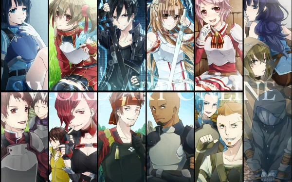 HD desktop wallpaper featuring characters from Sword Art Online, including Kirito, Asuna Yuuki, Klein, Lisbeth, Silica, Sachi, Pina, Kibaou, Yoruko, Rosalia, Diavel, Argo, and Agil, in a vibrant, anime-style collage.